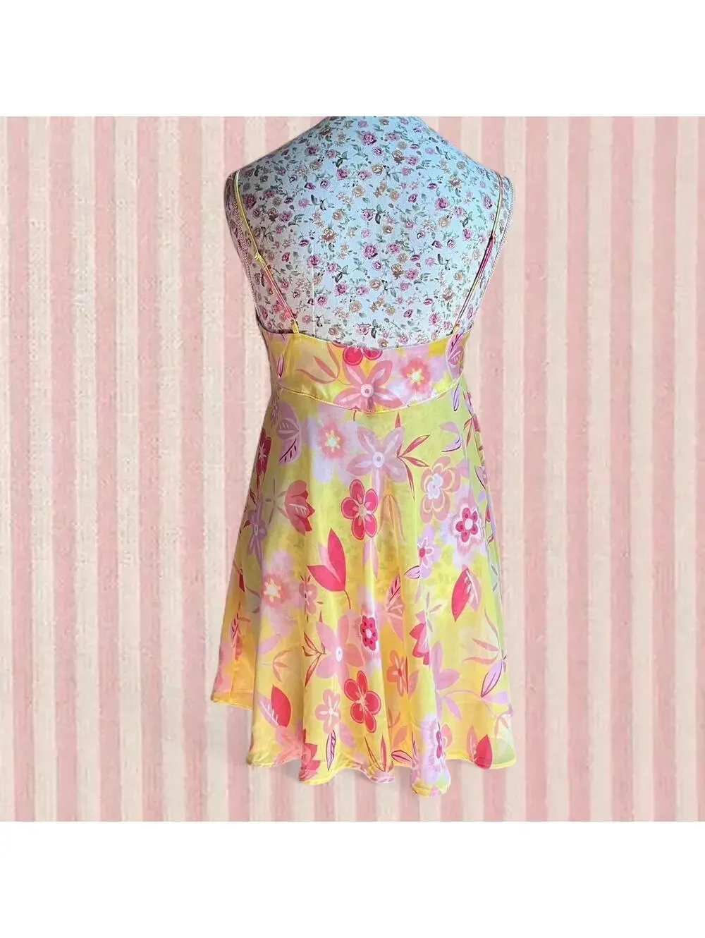 y2k vintage yellow floral babydoll dress and thong set